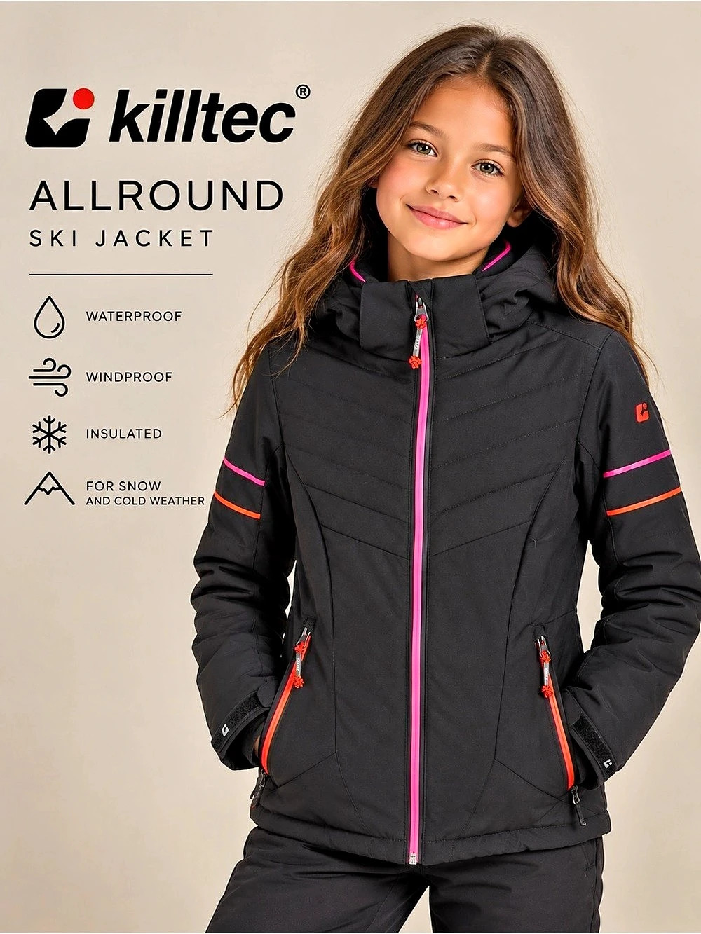 Killtec Allround Girls Size 12 Black Ski Jacket Pink Orange Hooded Youth